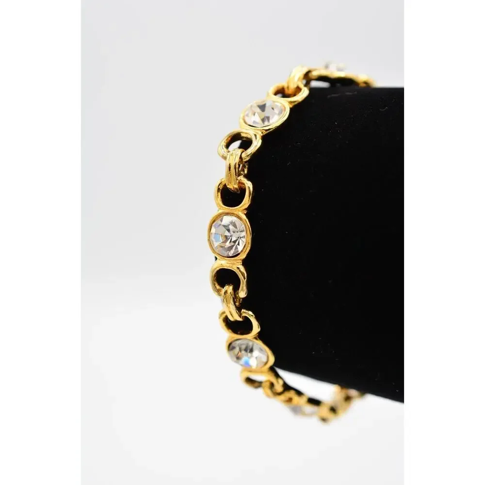 Vintage Tennis Bracelet Clear White Rhinestone Crystal Gold Chain Linked Bin8